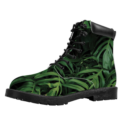 Green Monstera Leaf Print Work Boots