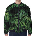 Green Monstera Leaf Print Zip Sleeve Bomber Jacket