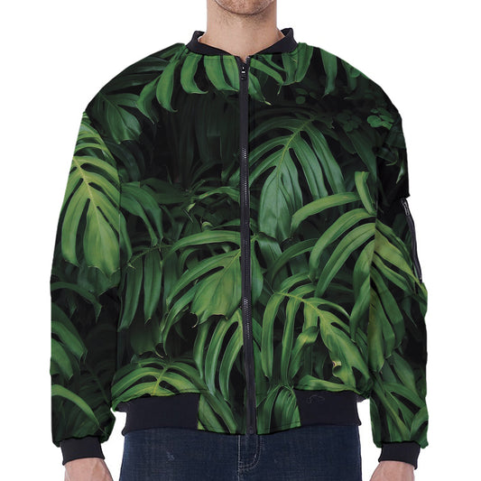 Green Monstera Leaf Print Zip Sleeve Bomber Jacket