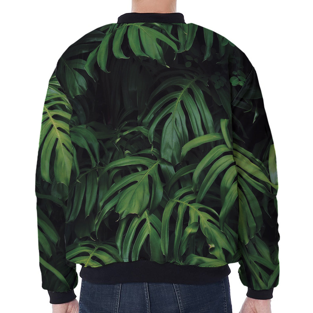 Green Monstera Leaf Print Zip Sleeve Bomber Jacket