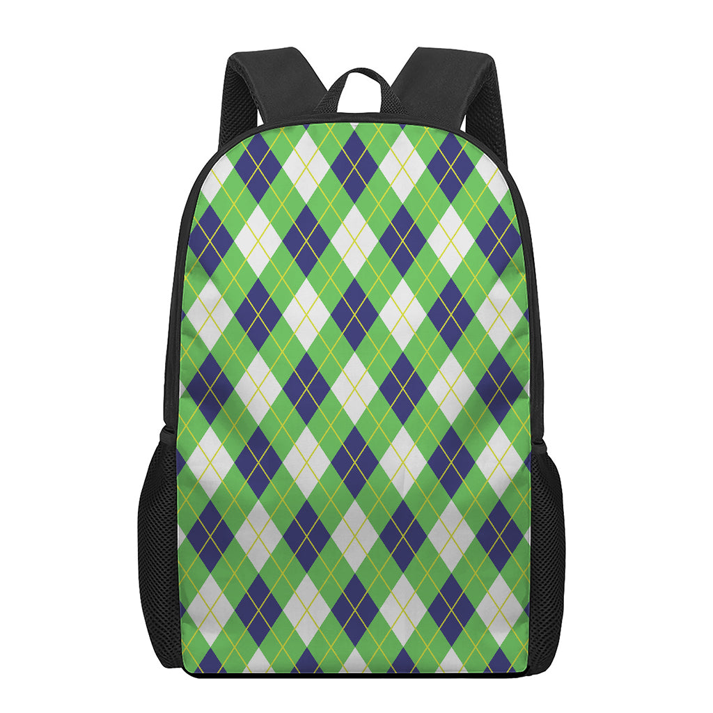 Green Navy And White Argyle Print 17 Inch Backpack