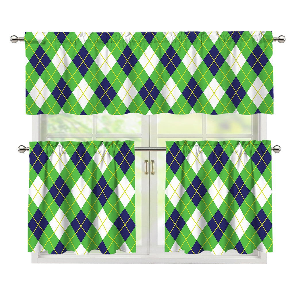 Green Navy And White Argyle Print 3 Piece Kitchen Curtains