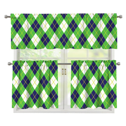 Green Navy And White Argyle Print 3 Piece Kitchen Curtains