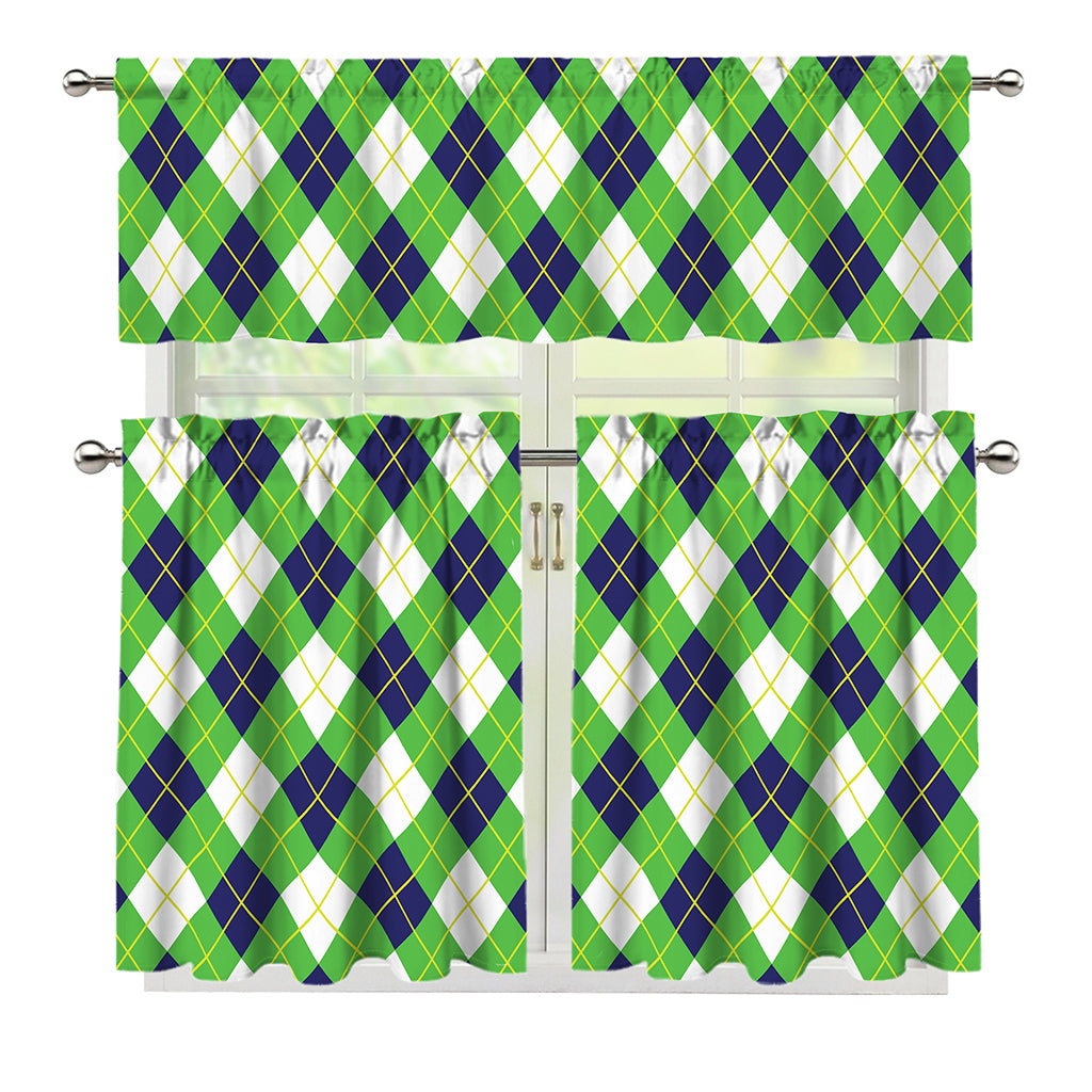 Green Navy And White Argyle Print 3 Piece Kitchen Curtains