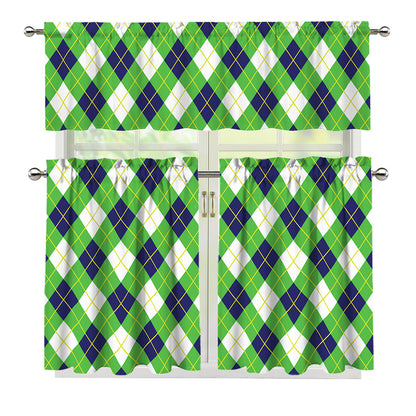 Green Navy And White Argyle Print 3 Piece Kitchen Curtains
