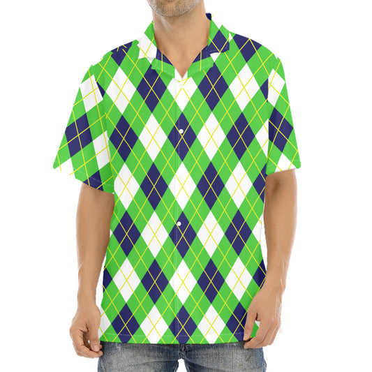 Green Navy And White Argyle Print Aloha Shirt