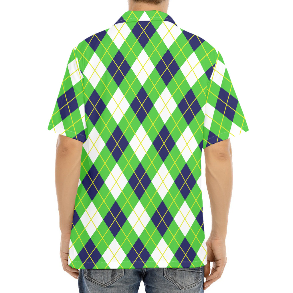 Green Navy And White Argyle Print Aloha Shirt
