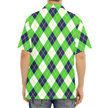 Green Navy And White Argyle Print Aloha Shirt
