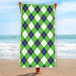 Green Navy And White Argyle Print Beach Towel