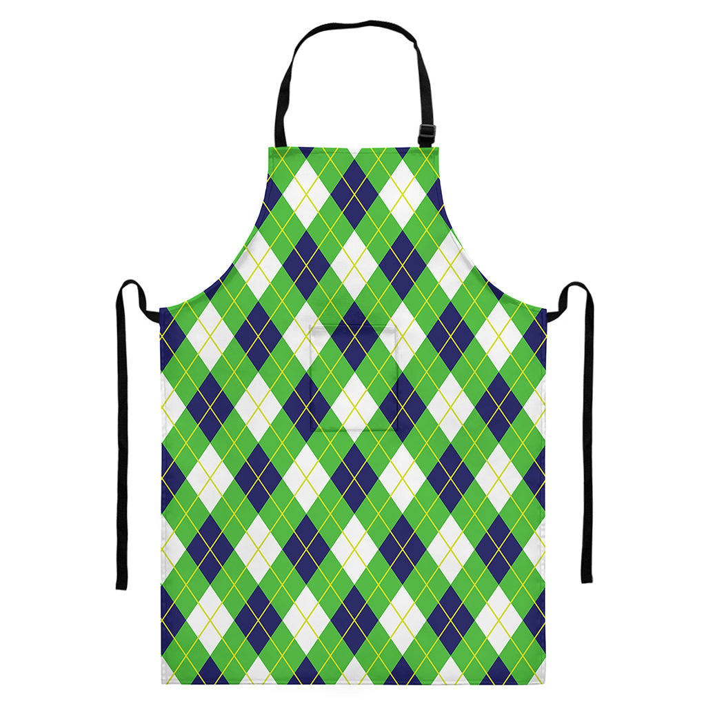 Green Navy And White Argyle Print Bib Apron With Pocket