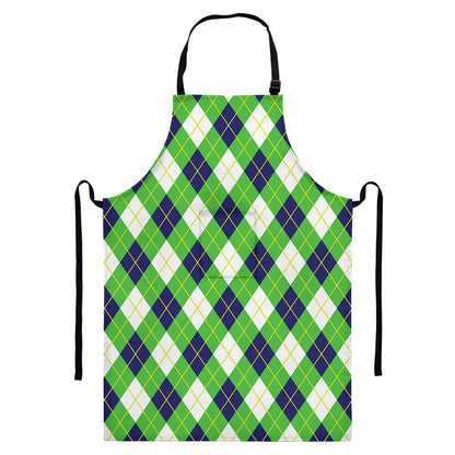 Green Navy And White Argyle Print Bib Apron With Pocket