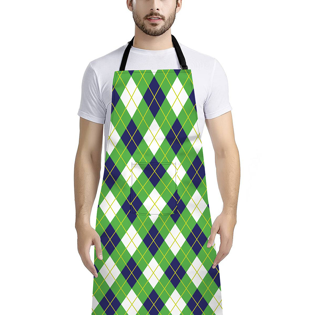 Green Navy And White Argyle Print Bib Apron With Pocket