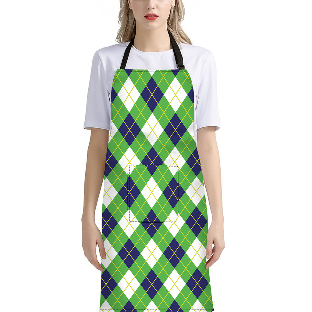 Green Navy And White Argyle Print Bib Apron With Pocket