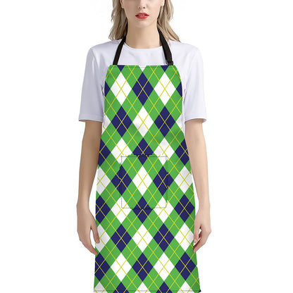 Green Navy And White Argyle Print Bib Apron With Pocket