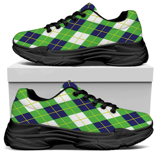 Green Navy And White Argyle Print Black Chunky Shoes