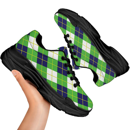Green Navy And White Argyle Print Black Chunky Shoes