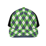 Green Navy And White Argyle Print Black Mesh Trucker Cap
