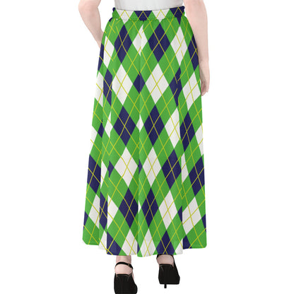 Green Navy And White Argyle Print Chiffon Maxi Skirt