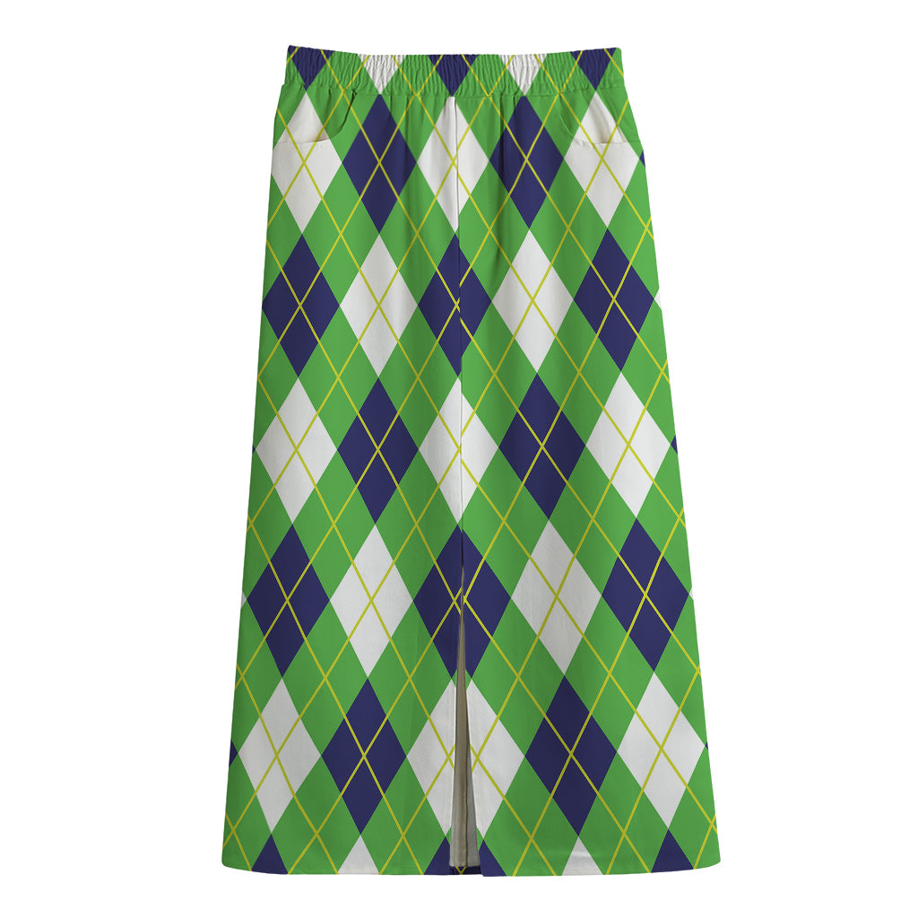 Green Navy And White Argyle Print Cotton Front Slit Maxi Skirt