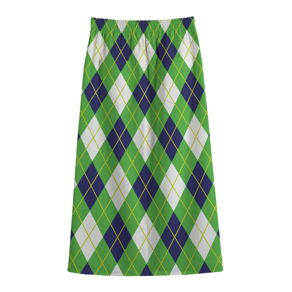 Green Navy And White Argyle Print Cotton Front Slit Maxi Skirt