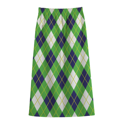 Green Navy And White Argyle Print Cotton Front Slit Maxi Skirt