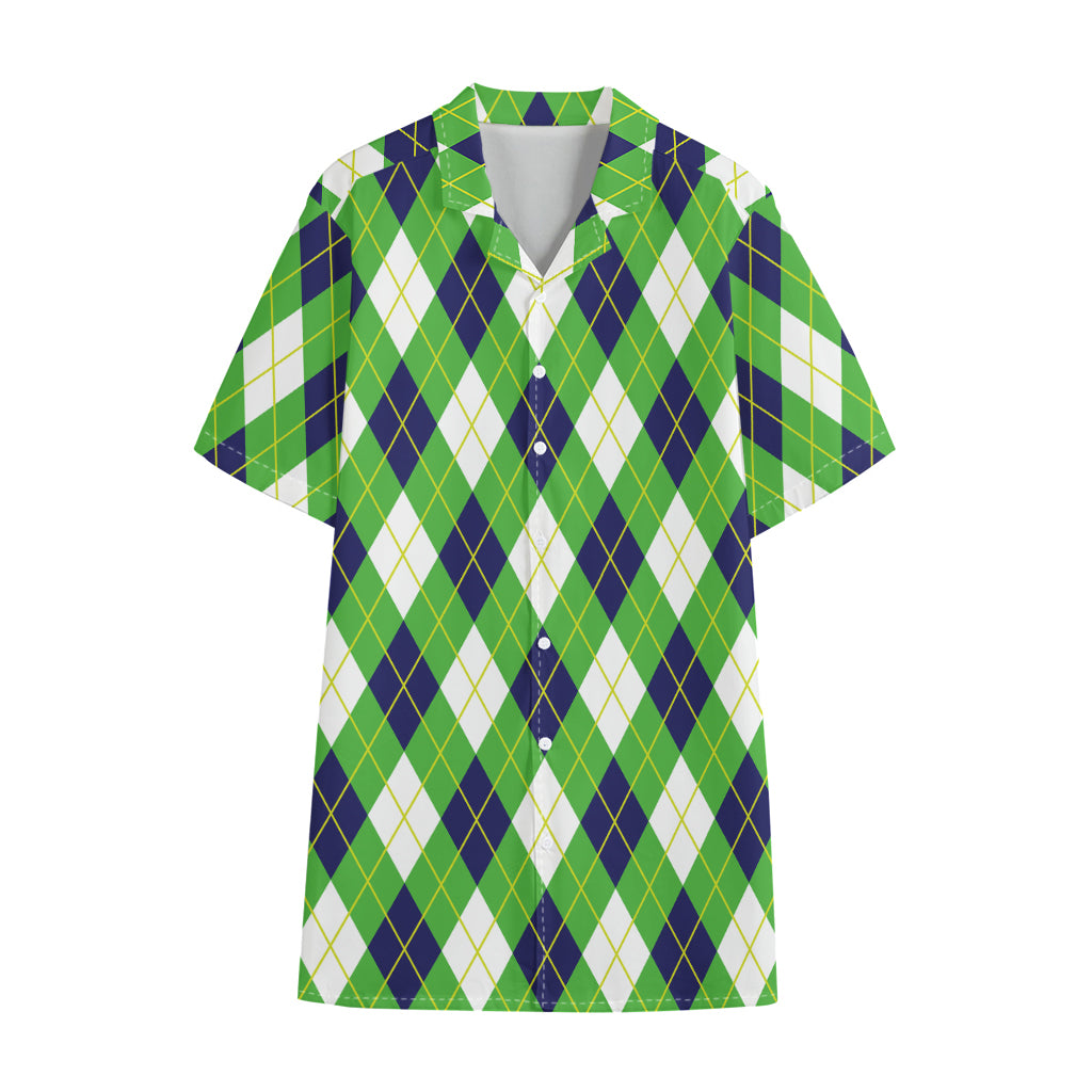 Green Navy And White Argyle Print Cotton Hawaiian Shirt
