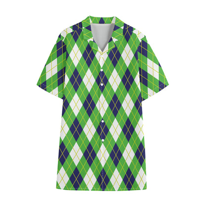 Green Navy And White Argyle Print Cotton Hawaiian Shirt
