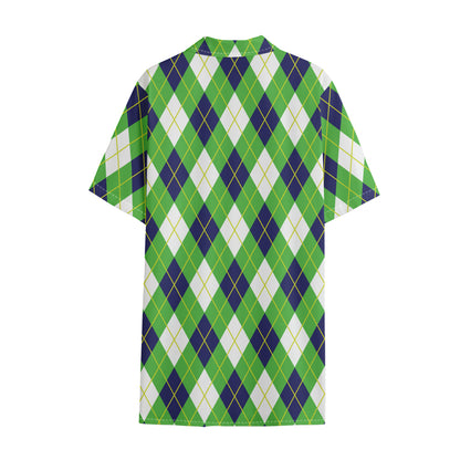 Green Navy And White Argyle Print Cotton Hawaiian Shirt