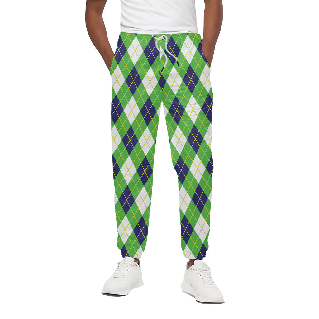 Green Navy And White Argyle Print Cotton Pants