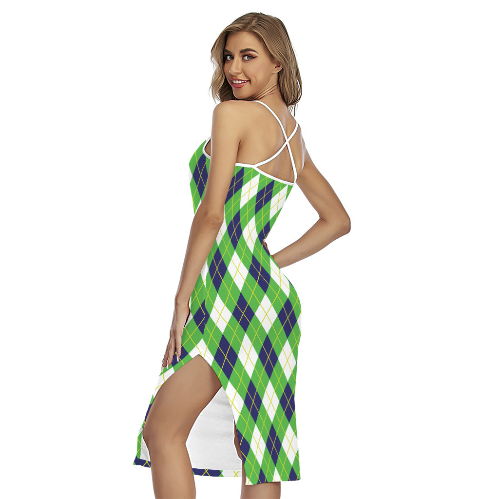 Green Navy And White Argyle Print Cross Back Cami Dress