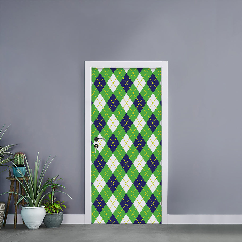 Green Navy And White Argyle Print Door Sticker