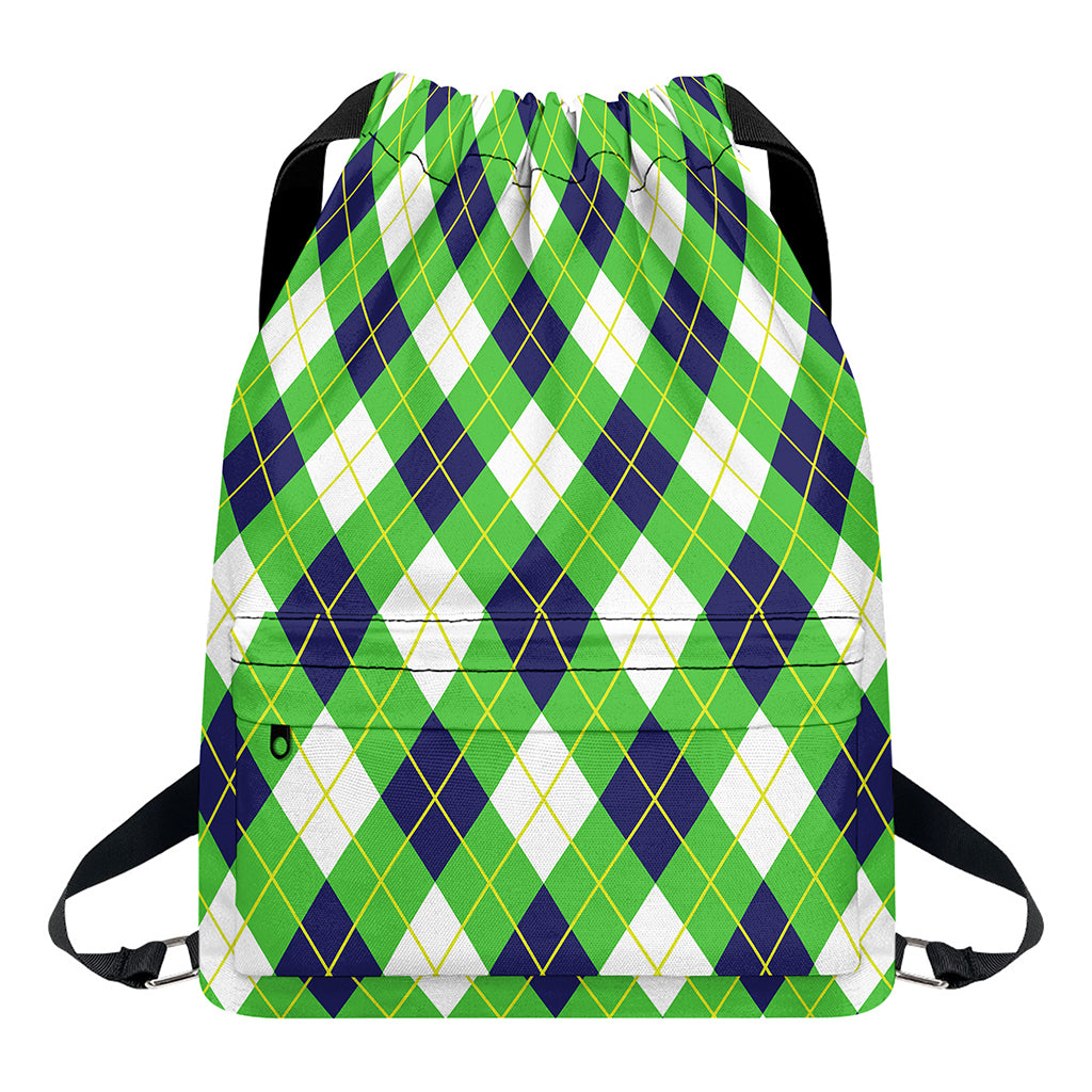Green Navy And White Argyle Print Drawstring Backpack