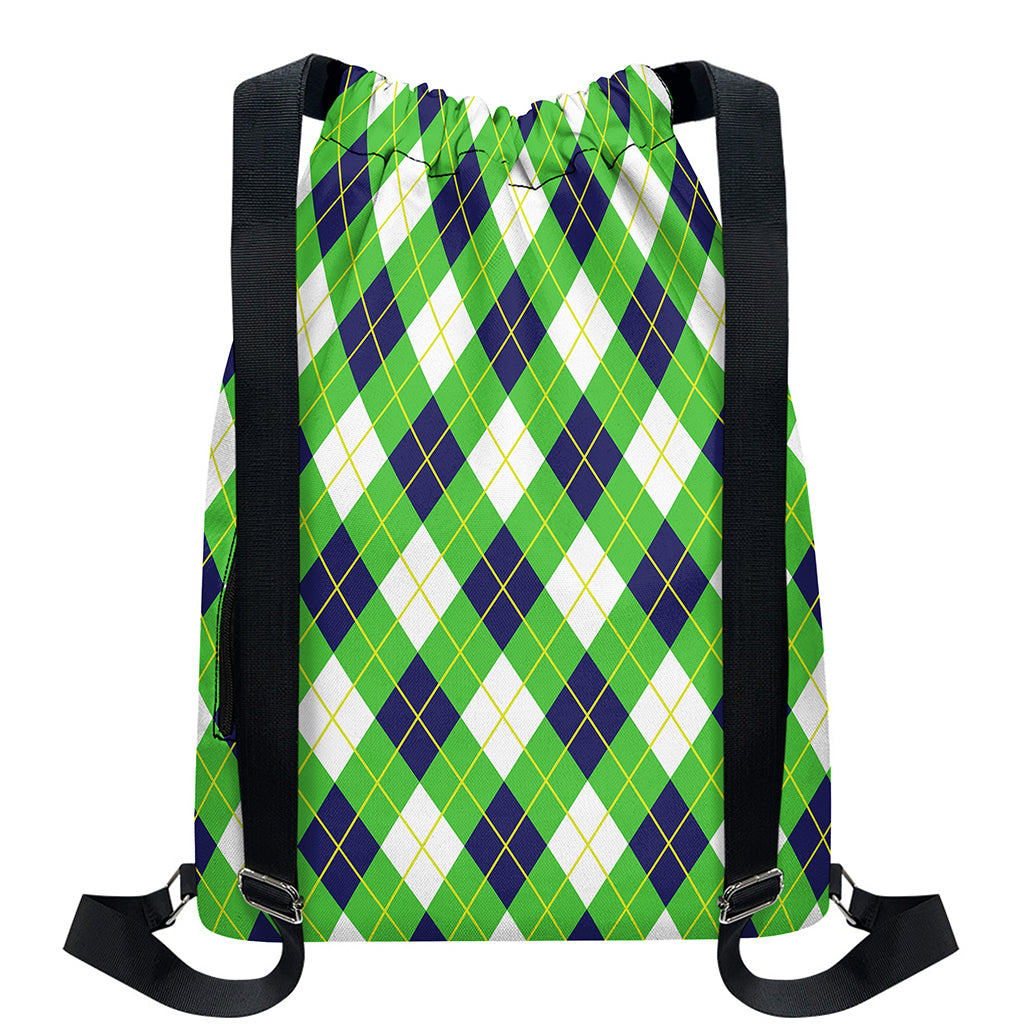 Green Navy And White Argyle Print Drawstring Backpack