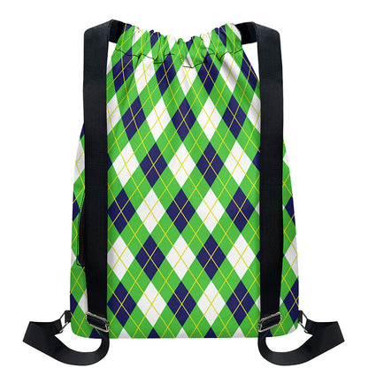 Green Navy And White Argyle Print Drawstring Backpack