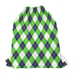 Green Navy And White Argyle Print Drawstring Bag