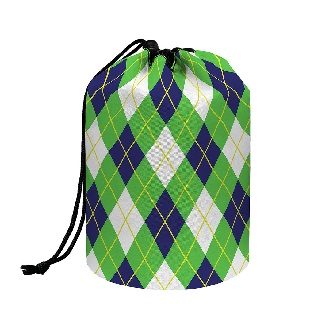 Green Navy And White Argyle Print Drawstring Makeup Bag