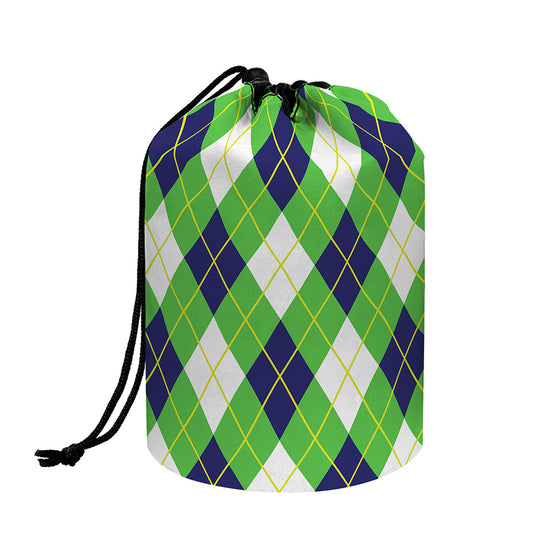 Green Navy And White Argyle Print Drawstring Makeup Bag