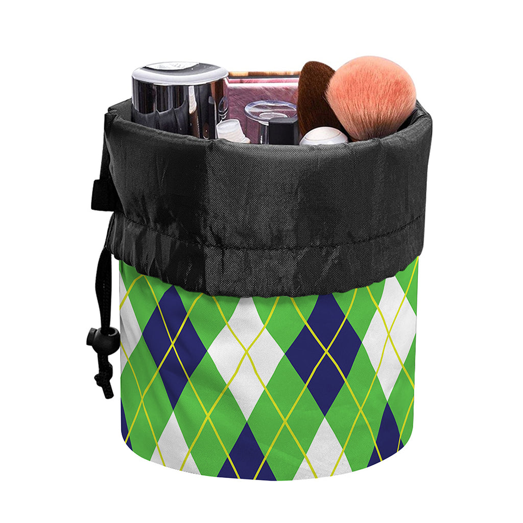 Green Navy And White Argyle Print Drawstring Makeup Bag