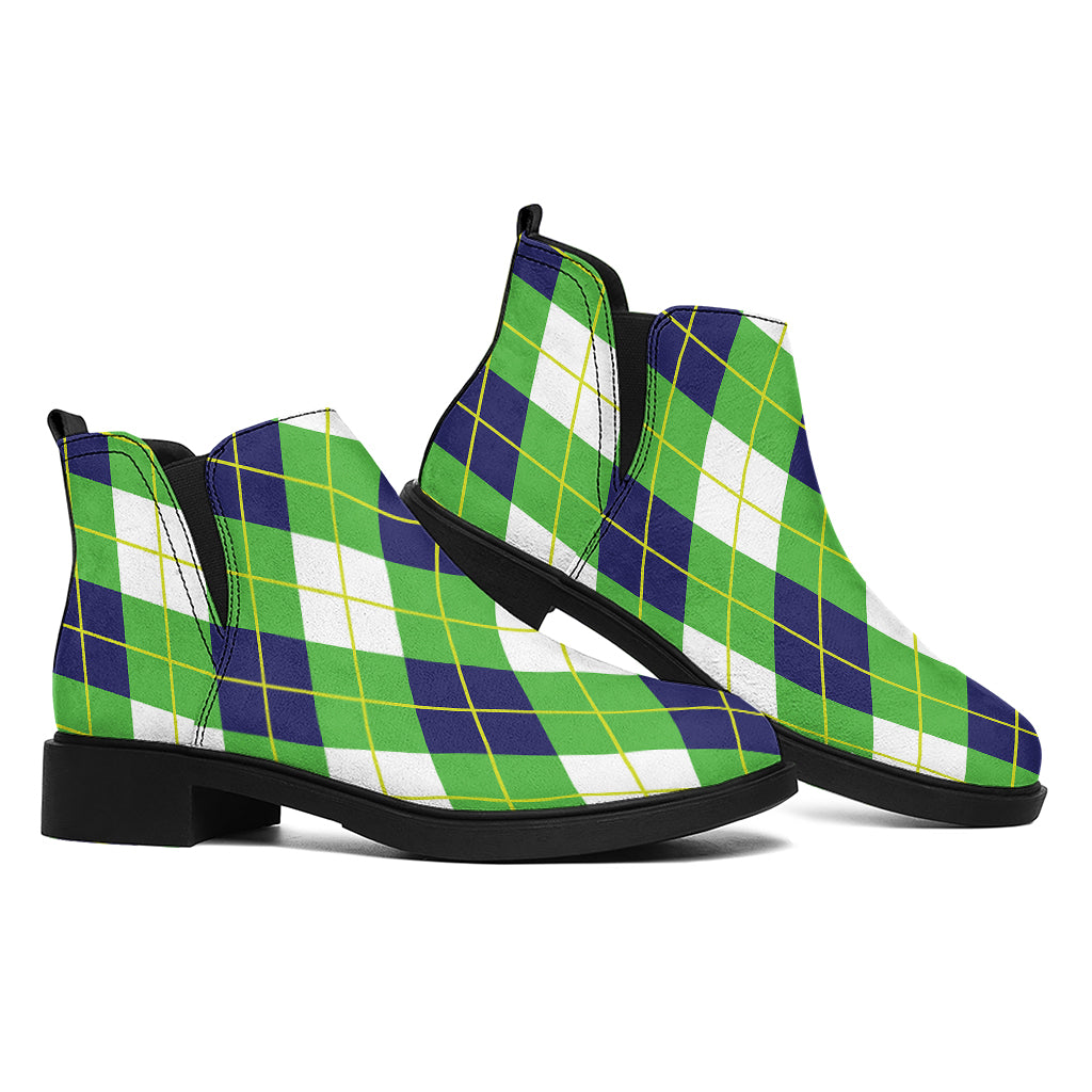 Green Navy And White Argyle Print Flat Ankle Boots
