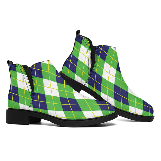 Green Navy And White Argyle Print Flat Ankle Boots