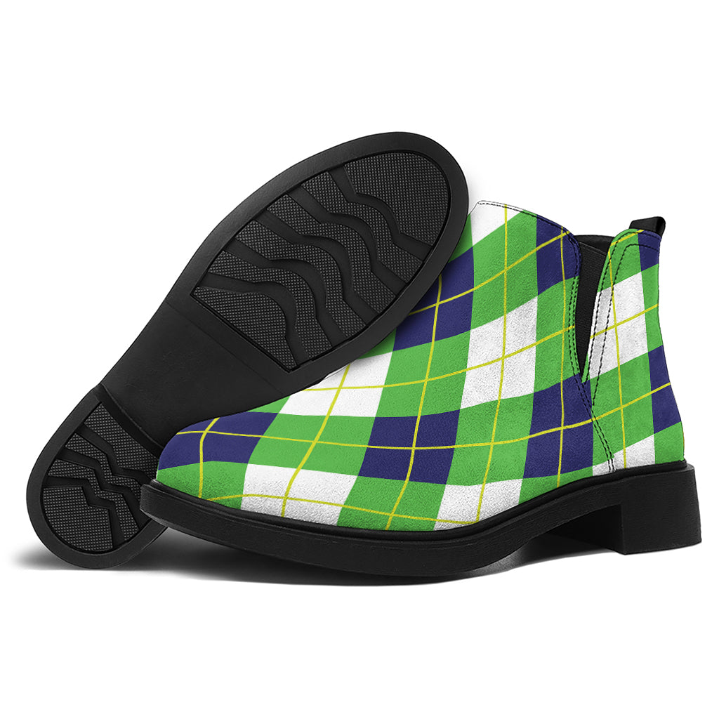 Green Navy And White Argyle Print Flat Ankle Boots