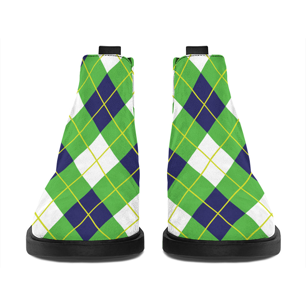 Green Navy And White Argyle Print Flat Ankle Boots