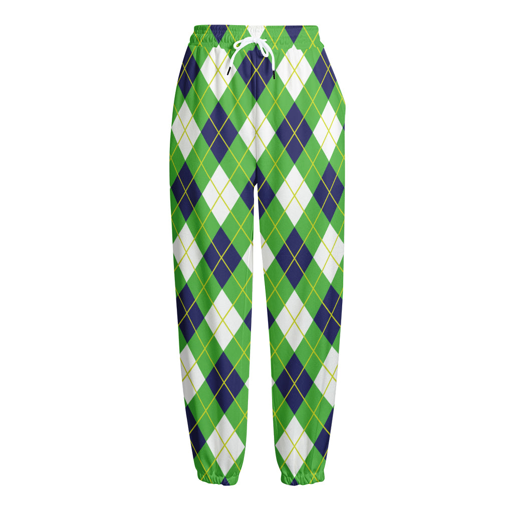 Green Navy And White Argyle Print Fleece Lined Knit Pants