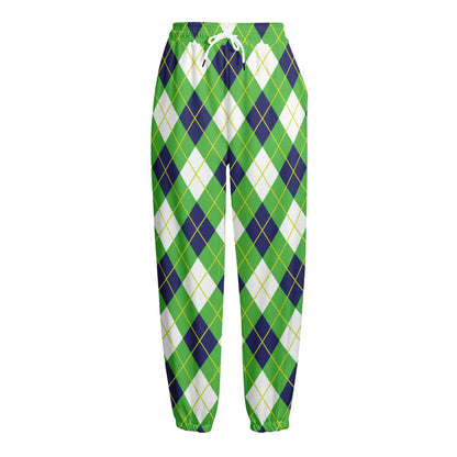 Green Navy And White Argyle Print Fleece Lined Knit Pants