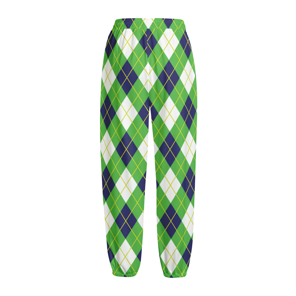 Green Navy And White Argyle Print Fleece Lined Knit Pants