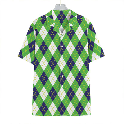 Green Navy And White Argyle Print Hawaiian Shirt