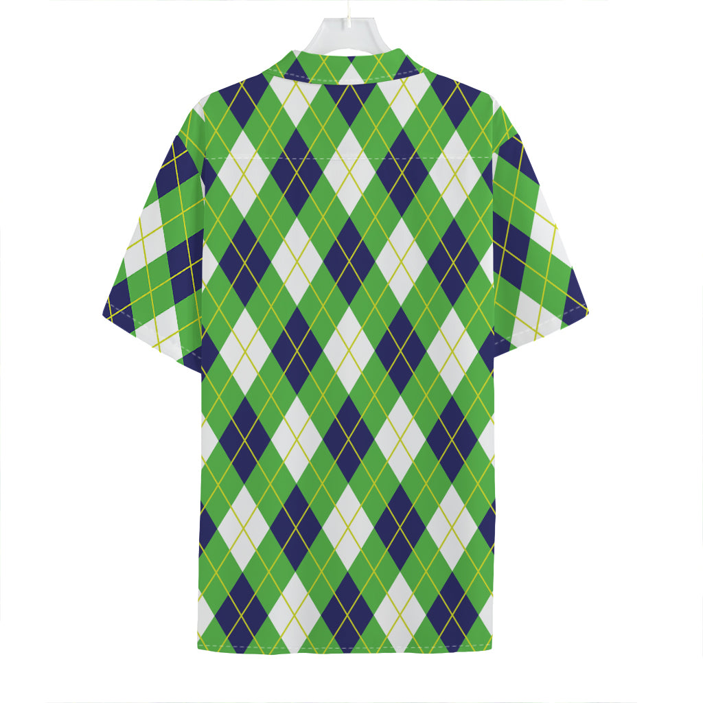 Green Navy And White Argyle Print Hawaiian Shirt
