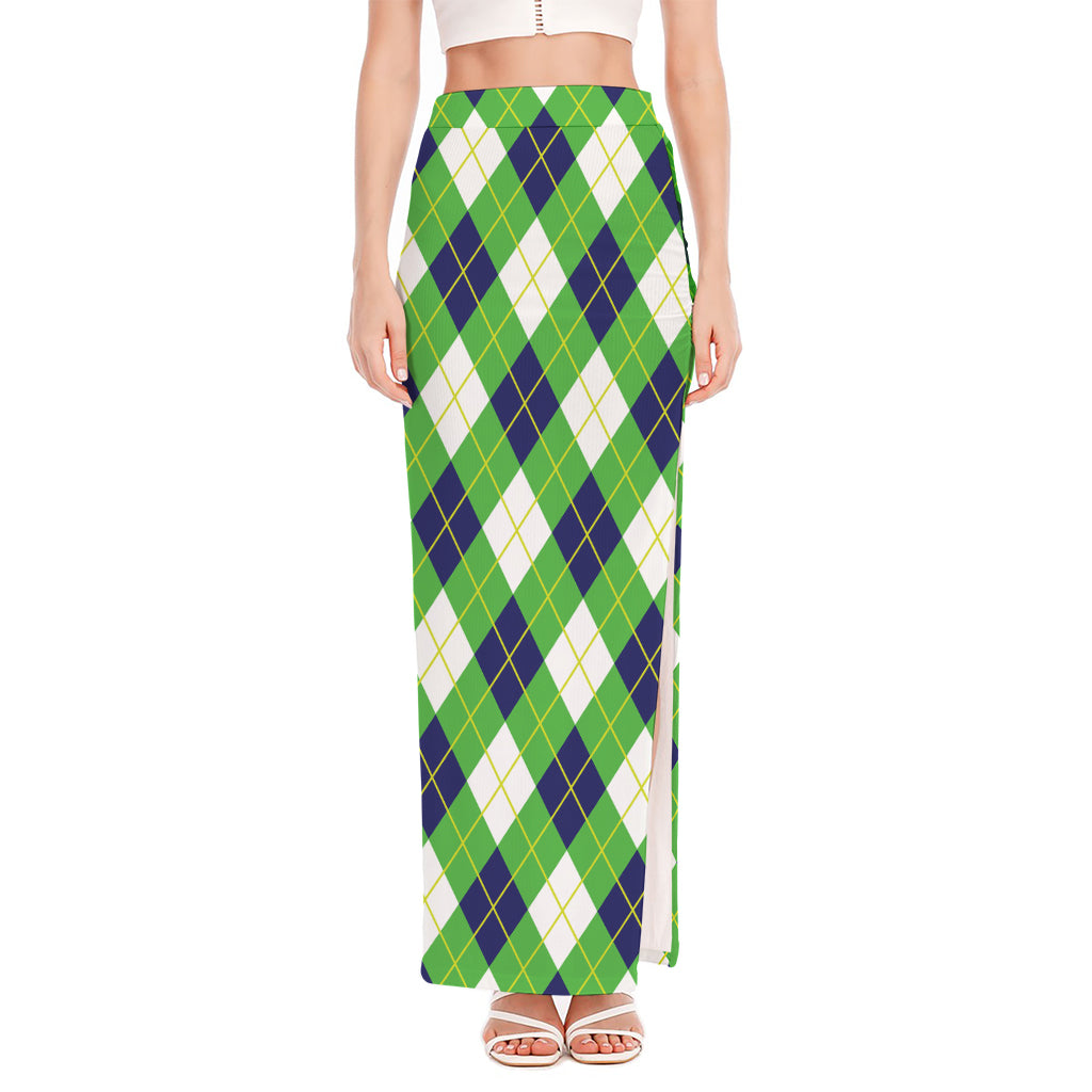 Green Navy And White Argyle Print High Slit Maxi Skirt