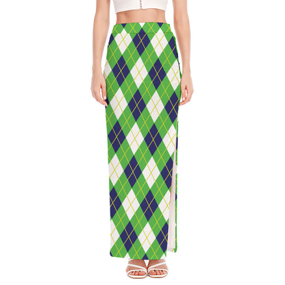 Green Navy And White Argyle Print High Slit Maxi Skirt