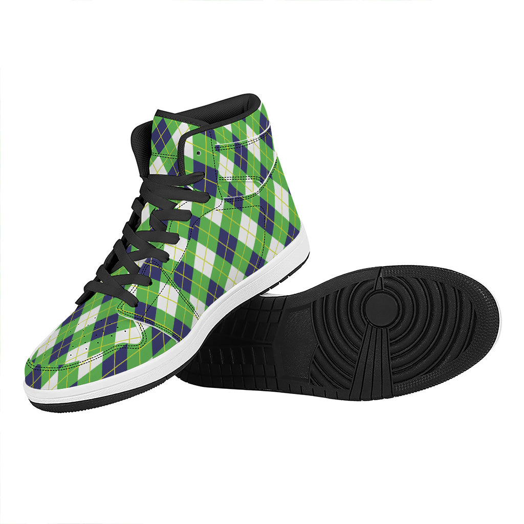 Green Navy And White Argyle Print High Top Leather Sneakers